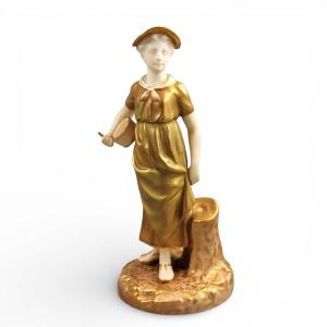 Royal Worcester Gilt Porcelain Figure, Girl With Bowl, Hadley Model 1774, 1954