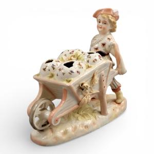 Krister Waldenburg Kpm Porcelain Boy With Wheelbarrow Posy Holder, Germany, C. 1910