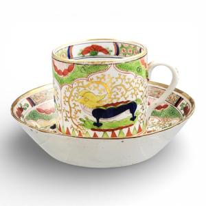 Early 19th Century Worcester Porcelain Coffee Cup And Saucer, Dragon In Compartments
