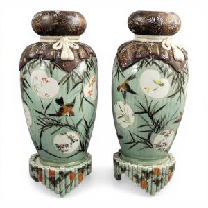 Sovereign Pair Of Meiji Period Seto Porcelain Vases By Kato Sanhei On Original Matching Porce