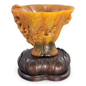 Chinese Carved Buffalo Horn Libation Cup With Wooden Stand