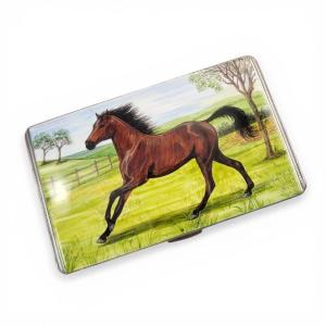 1917 Birmingham Sterling Silver Cigarette Case Enamel Horse Panel