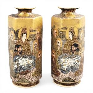 Pair Of Japanese Satsuma Hexagonal Vases With Dragon And Rakan