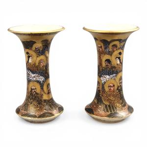 Pair Of Japanese Satsuma Hododa Vases With Dragon And Rakan, Meiji