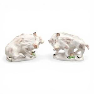 Early Derby Porcelain Pair Of Wild Boars Model B1 C.1755