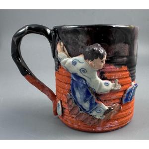 Japanese Sumida Gawa Mug With Applied Karako Figure, Signed Kōko — Meiji / Early Taishō Period