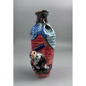 Japanese Sumida Gawa Stoneware Baluster Vase With Raised Karako, Signed Kōko - Meiji Period