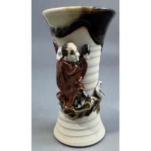 Sumida Gawa Stoneware Vase With Applied Rakan Figure, Signed Ryōsai, Meiji–taishō Period
