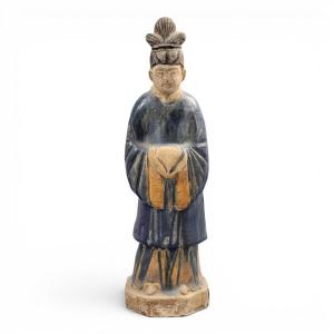 Chinese Tang Sancai Glazed Funerary Figure, Court Attendant, C.7th–8th Century