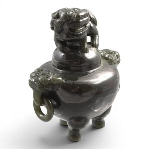 Chinese Spinach Green Jade Incense Burner With Foo Dog Lid, C. 1900–1920