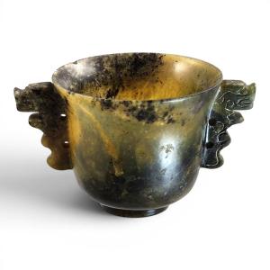 Chinese Nephrite Archaistic Scholar’s Cup With Taotie Handles C. 1900–1910