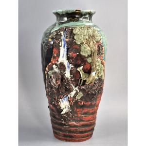 Japanese Sumida Gawa Sculptural Landscape Vase With Stag, Waterfall And Tree, Meiji–taishō Peri