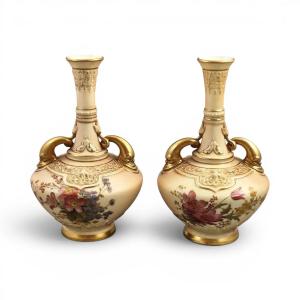 Royal Worcester Dolphin Handled Blush Ivory Vase Pair, Persian Range, 1902–1903