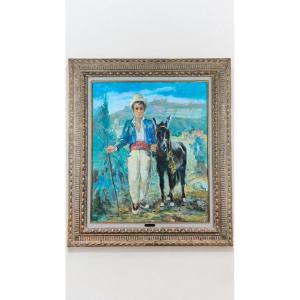 Oil On Canvas "young Farmer And His Donkey" 65 X 54 Cm