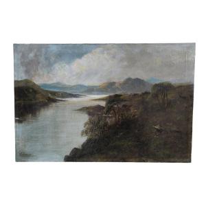Oil On Canvas "lake In Ireland" 50.5 X 76 Cm