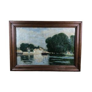 Oil On Canvas "boats Moored At The Gates Of The Village" 60 X 92 Cm