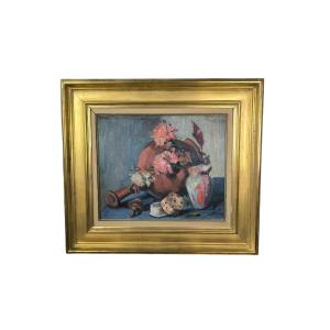 Oil On Canvas "still Life With An Overturned Jug" 46 X 38 Cm