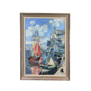 Oil On Canvas "boats At The Quayside In A Mediterranean Port" 92 X 65.5 Cm