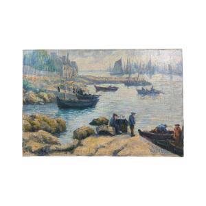 Oil On Canvas "fishermen At The Port" 60.5 X 40.5 Cm