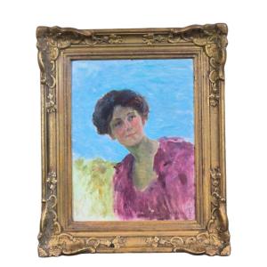 Oil On Panel "young Woman In Purple Sweater" 35 X 27 Cm 