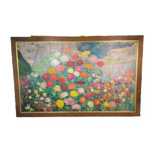 Oil On Canvas "flowerbed In The High Mountains" 231.5 X 141 Cm