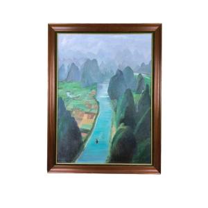 Oil On Canvas "li River In China" 100 X 73 Cm