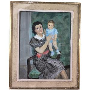 Watercolor And Gouache On Paper "young Mother Presenting Her Child" 63 X 48 Cm