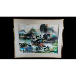 Watercolor On Silk "village At The Foot Of The Mountain" 73 X 55 Cm