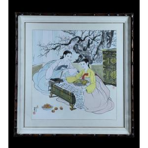 Watercolor On Silk "young Girls Writing Poems" 61 X 58 Cm