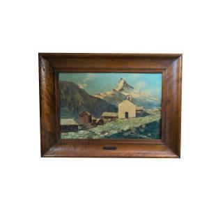 Oil On Canvas "the Matterhorn Seen From The Village" 39.5 X 26 Cm