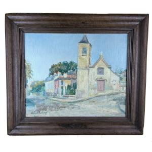 Oil On Canvas "the Church At The Crossroads" 55 X 46 Cm