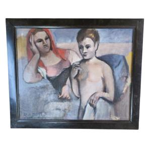 Oil On Canvas "young Mother And Her Child" 68.3 X 56 Cm