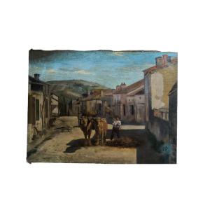 Oil On Canvas "peasant Collecting Manure At The Entrance To The Village" 61 X 46 Cm