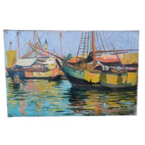 Oil On Canvas "boats In Venice" 41 X 27 Cm