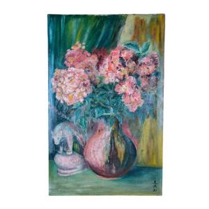 Oil On Canvas "the Bouquet Of Flowers And The Badly Licked Bear" 75 X 48 Cm