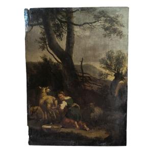 Oil On Panel "young Shepherdess Milking A Sheep" 33 X 24 Cm