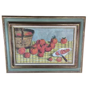 Oil On Canvas "tomato Bed On Tablecloth" 61 X 38 Cm
