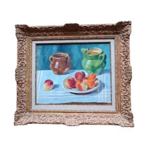 Oil On Canvas "still Life With Peaches And Apricots" 38 X 46 Cm