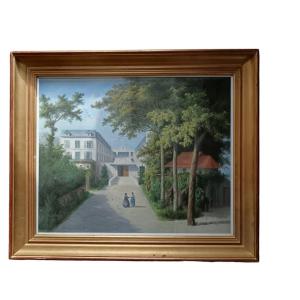 Pastel On Paper "two Walkers In The Park Of The Property" 34 X 48.2cm