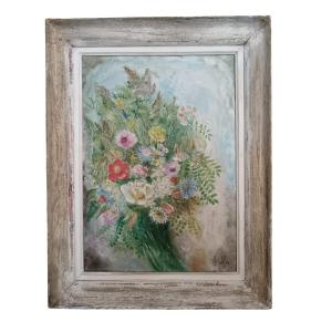 Oil On Canvas "bouquet Of Flowers" 46 X 33 Cm