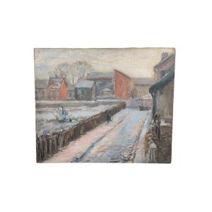 Oil On Canvas "snowy Street" 55 X 46 Cm 