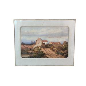 Watercolor "the Hamlet In The Countryside" 48 X 32 Cm