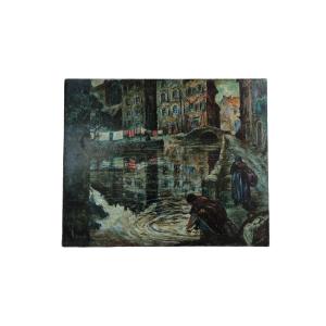 Oil On Canvas "washerwomen In Dinard" 61 X 50 Cm