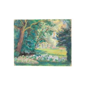Pastel And Gouache On Paper "the Castle Park" 46.3 X 37.5 Cm