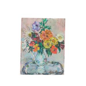 Suzanne Minier. Oil On Canvas Mounted On Cardboard "bouquet Of Flowers" 35 X 27 Cm