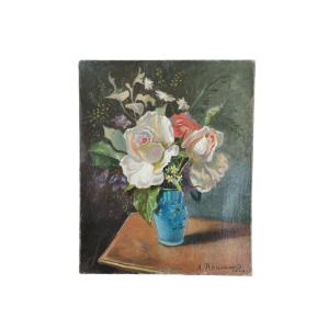 A. Renouard. Oil On Canvas "bouquet Of Flowers In A Blue Vase" 27 X 22 Cm