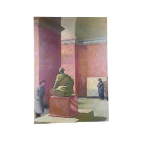André Meaux Saint-marc. Oil On Canvas "visit To The Louvre Museum" 92 X 64.5 Cm