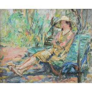 Joseph Lamberton. Oil On Cardboard "young Woman Sitting On A Bench" 31.2 X 26 Cm