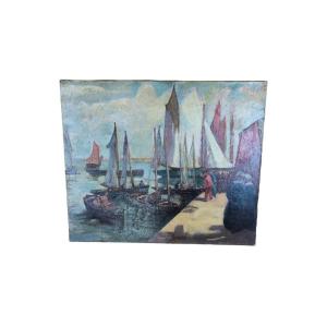 White. Oil On Canvas "fishermen And Their Boats At The Port" 55 X 46 Cm