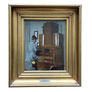 Georg Nikolaj Achen. Oil On Prepared Cardboard "bourgeois Interior" 30.5 X 24.5 Cm
